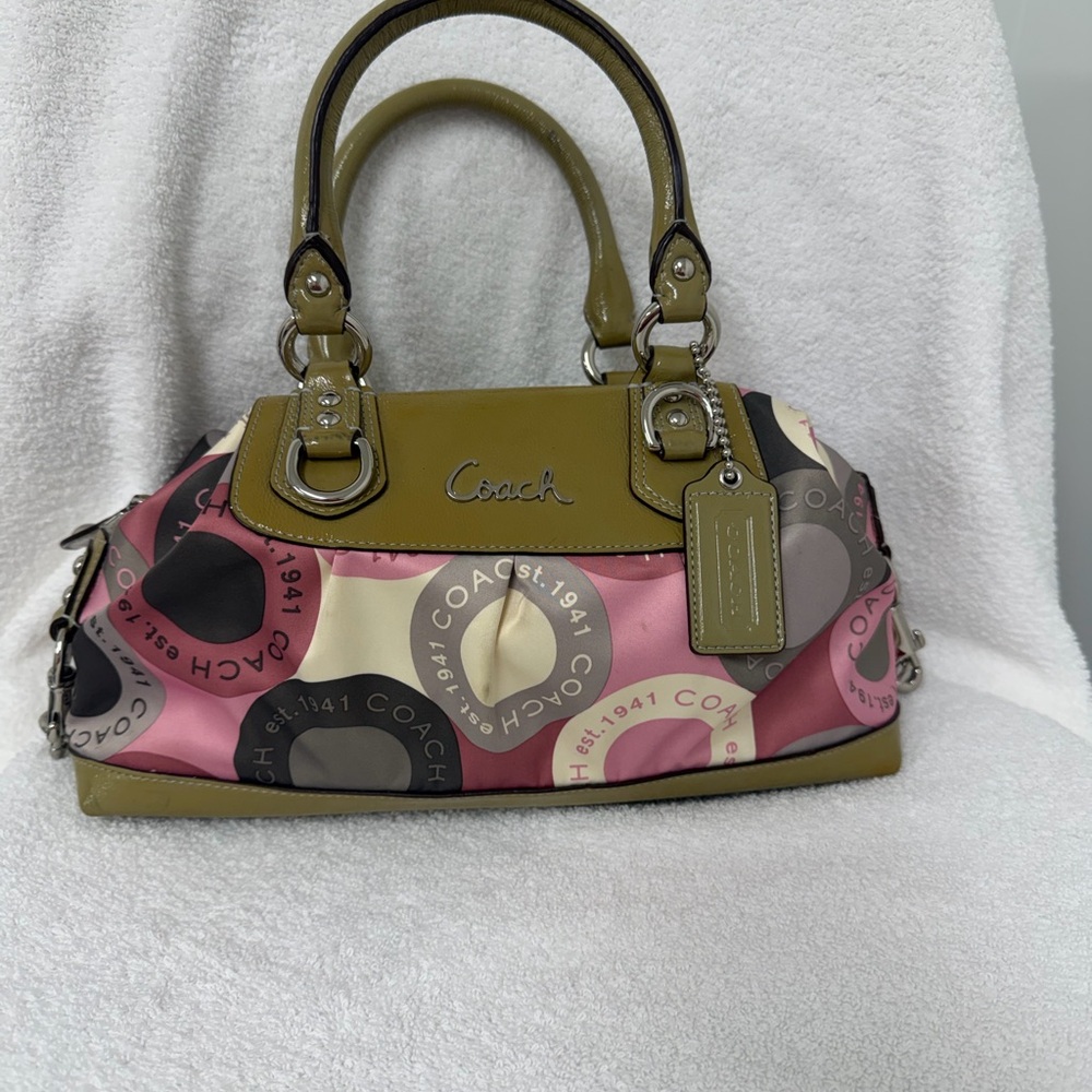 VintageCoach Pink Multi Signature Circle Satchel with Olive Trim and Tan Accents